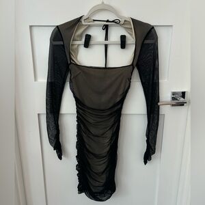 Lucy in the sky sheer black ruched long sleeve mini dress